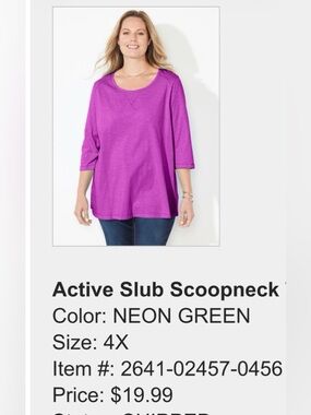 Active Slub Scoopneck Tunic 3/4 Sleeve  T-shirt - Neon Green